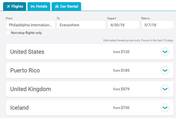 Vyberte cieľ pomocou programu Skyscanner.