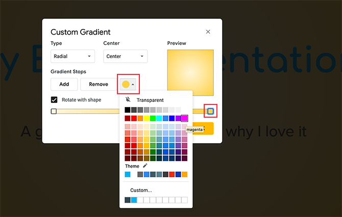 Prispôsobené snímky Google Slides Change Stop Gradient Stop