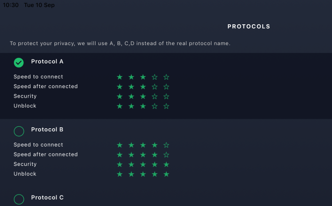 Ponuka Protocols (Protokoly) v VPN Hotspot