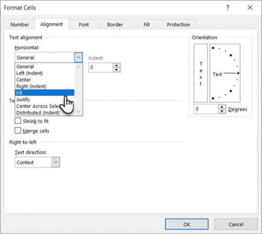 V dialógovom okne Formátovať bunky v programe Excel vyberte položku Vyplniť