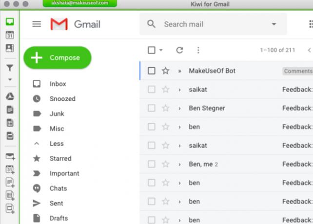 Predvolené rozhranie doručenej pošty služby Kiwi for Gmail v počítačoch Mac