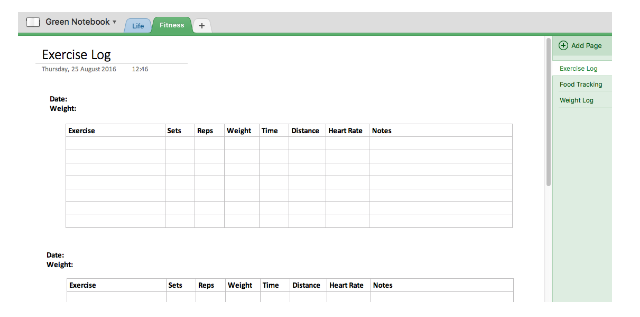 Príklad denníka Fitness Log OneNote
