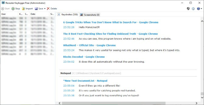 Revealer Keylogger zobrazujúci niektoré nedávne denníky