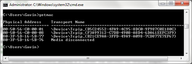 Príkazový riadok getmac