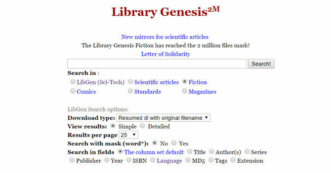 Tento snímok obrazovky zobrazuje hlavné menu bezplatného predajcu elektronických kníh Library Genesis