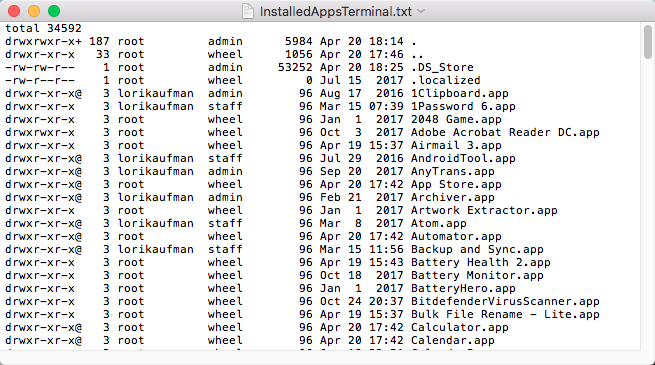 Zoznam nainštalovaných aplikácií z priečinka Aplikácie pomocou terminálu
