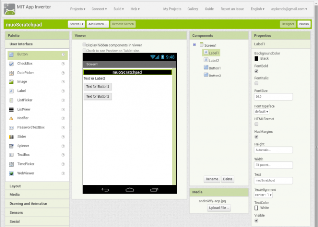 Android vytvára aplikáciu appinventor screen1 labelconfig