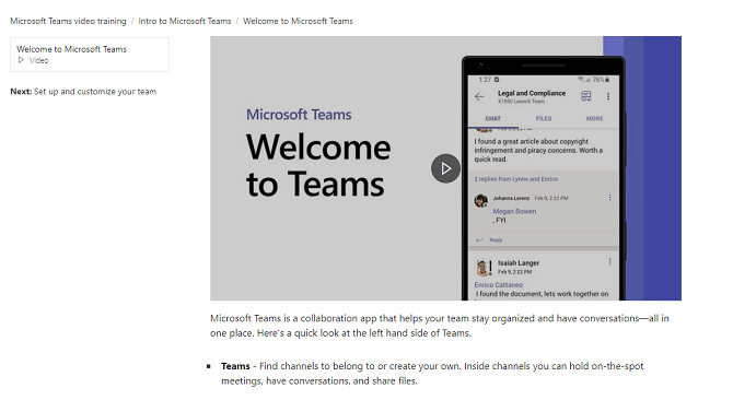stránka s návodmi pre tímy Microsoft