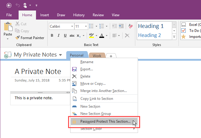 V aplikácii OneNote 2016 vyberte možnosť Chrániť túto sekciu heslom