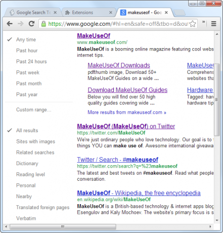 Vyhľadávacie nástroje google ľavý bočný panel