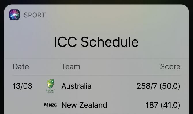 Športové výsledky v Siri