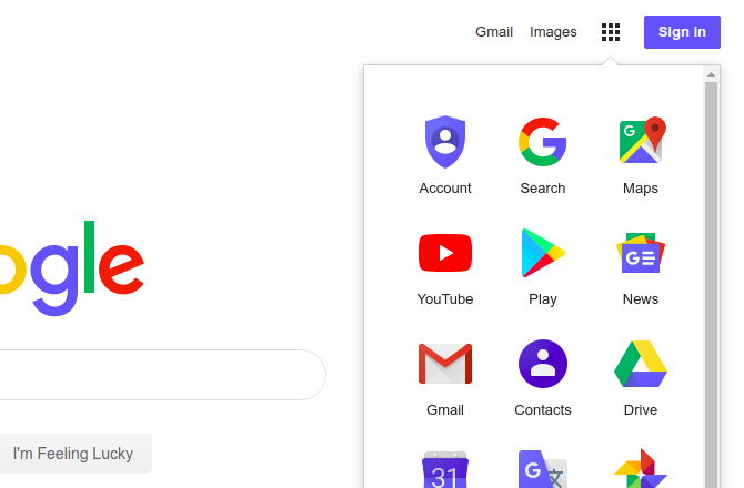 mriežkové zobrazenie aplikácií Google na domovskej stránke Google