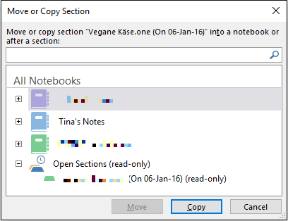 Časť poznámkového bloku OneNote Move