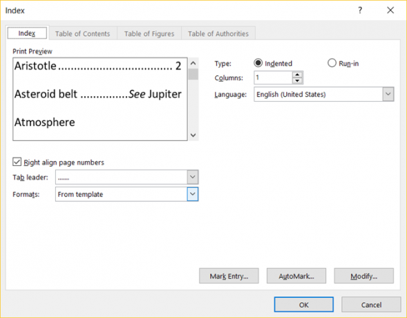 Jednoduchý sprievodca na karte Microsoft Word Reference, MSWord Indexformat