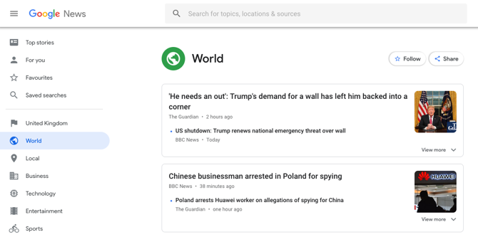 Screenshot služby Google News