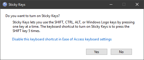 Dialógové okno Sticky Keys Windows