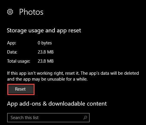 Resetujte fotografie systému Windows 10