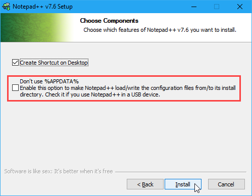 Začiarknite políčko Nepoužiť% APPDATA% počas inštalácie programu Notepad ++