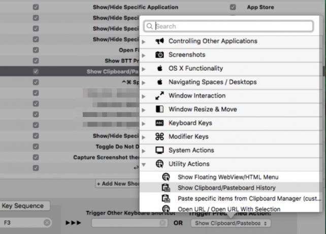 Zoznam predvolených akcií v programe BetterTouchTool v systéme MacOS