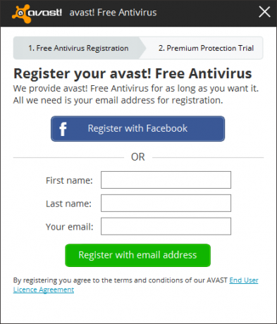 Avast - Register - Zadajte informácie