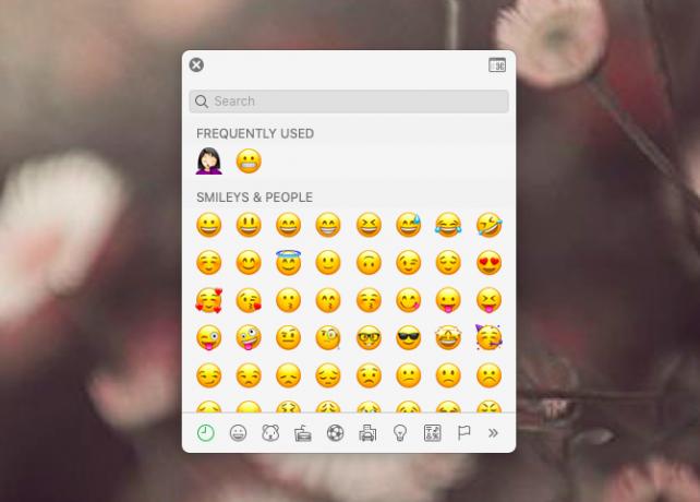 Vyskakovacia tabla prehliadača Emoji v systéme MacOS