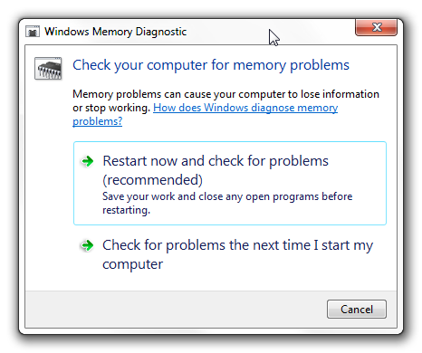 Možnosti diagnostiky pamäte systému Windows