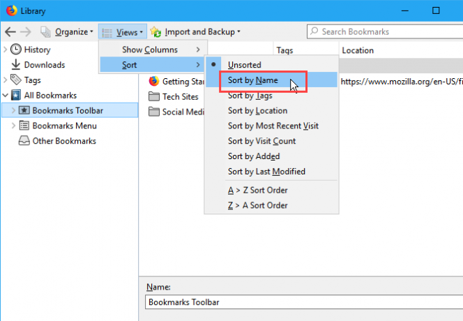 Zoradenie záložiek podľa názvu v dialógovom okne Knižnica vo Firefoxe